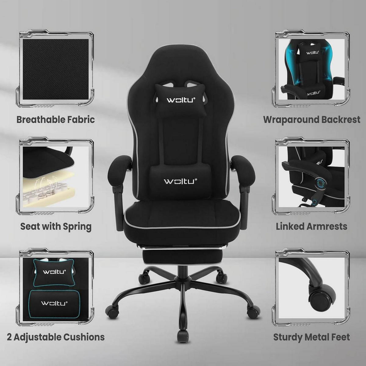 GAMINGSTUHL Drehstuhl, Netzstoff, Schwarz - Schwarz, Kunststoff/Textil (63.5/117.5/60cm) - Woltu