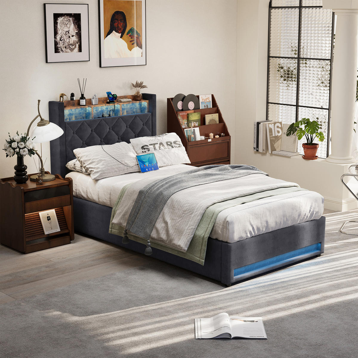 POLSTERBETT 90/200 cm mit Bettkasten und Steckdose Boxspringbett mit USB und LED-Licht Stauraumbett ohne Matratze - Grau, Holzwerkstoff/Textil (90/200cm) - STILVORA
