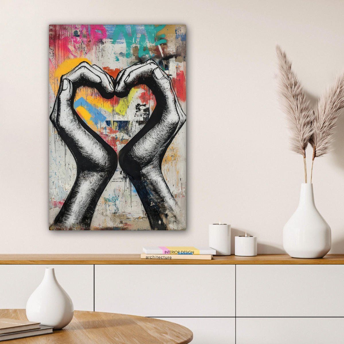 OBRAZ NA PLÁTNE Ruky - Srdce - Street art - Graffiti 60x90 cm - viacfarebná, textil (60/90cm) - MuchoWow