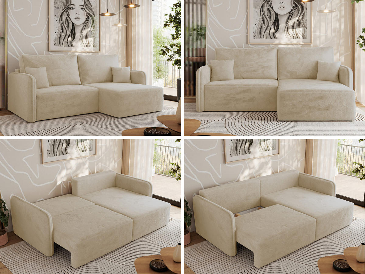ECKSCHLAFSOFA MESTO L Creme Plüsch - rechts - Creme/Schwarz, Kunststoff/Textil (147/227cm) - MKS