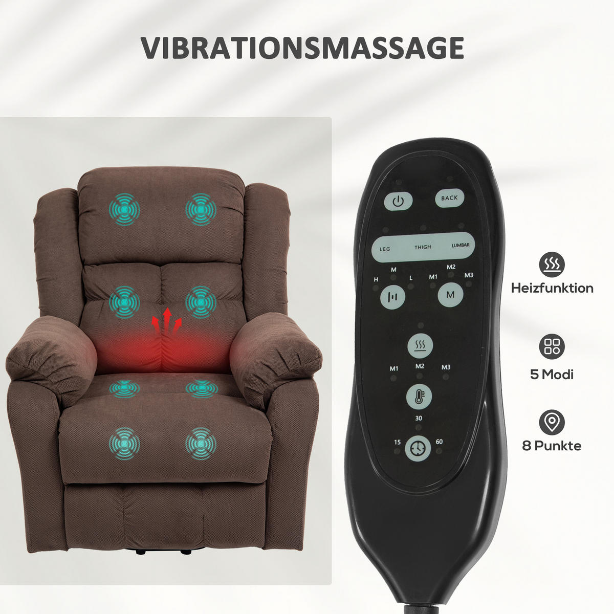 RELAXSESSEL, Fernsehsessel mit Aufstehhilfe, Liege-, Massage- und Heizfunktion - Dunkelbraun/Schwarz, Textil/Metall (92/104/102cm) - HOMCOM