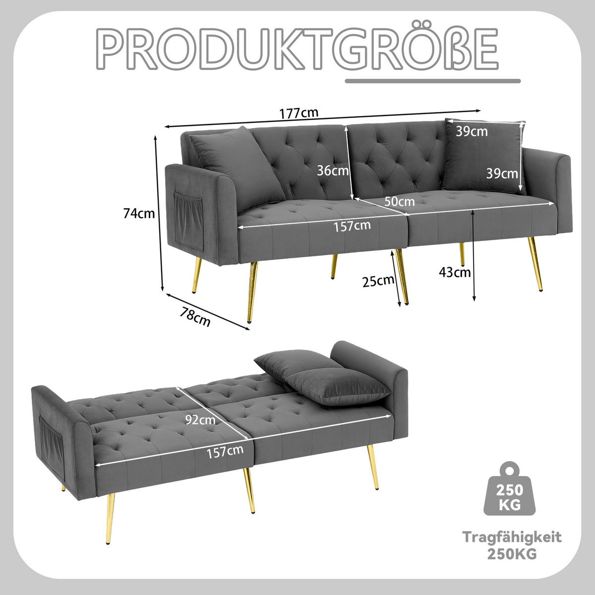 SCHLAFSOFA 177/78/74 cm in Gray Samt mit Aufbewahrungstasche - Grau, Textil (78/74/177cm) - Oxeza