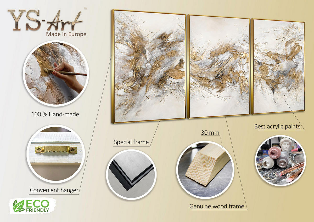 GEMÄLDE Funkelnde Schattierungen Schattenfugenrahmen Gold 300x140 3-teilig - Goldfarben, Holz (300/140cm) - YS-art gallery