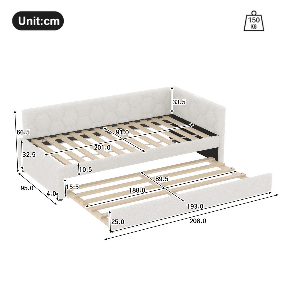 POLSTERBETT aus Velvet & MDF 90x200 cm in Weiß mit Ausziehbett, USB & Typ-C - Weiß, Textil (90/200cm) - Modfu