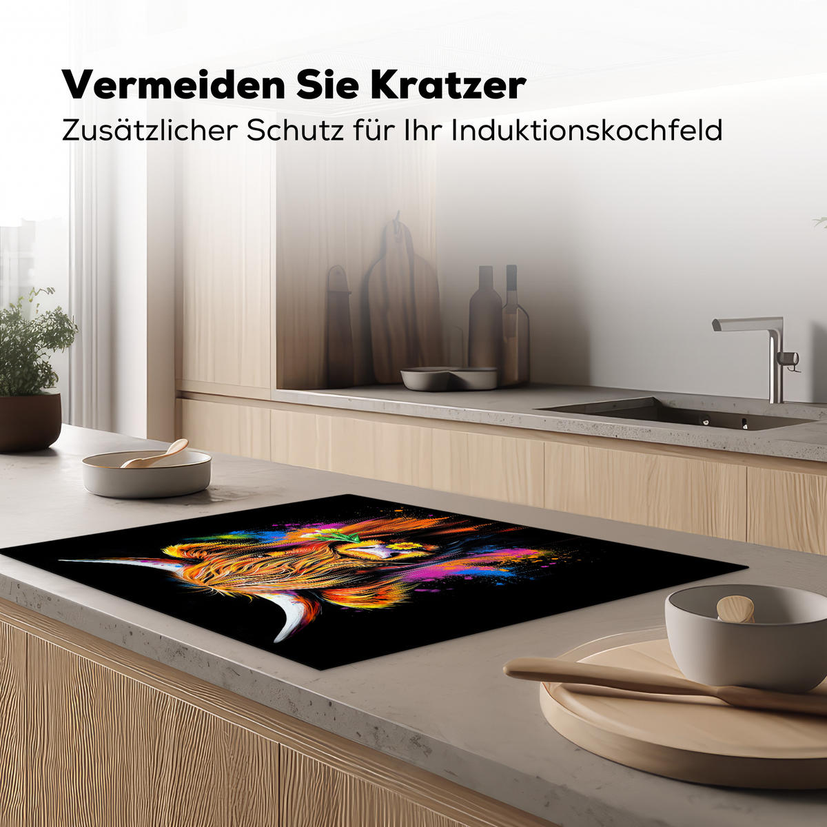 HERDABDECKPLATTE Schottischer Highlander - Graffiti - Bunt - Blume - Tiere Induktionsmatte 77x59 cm - Multicolor, Kunststoff (77/59/0.2cm) - MuchoWow