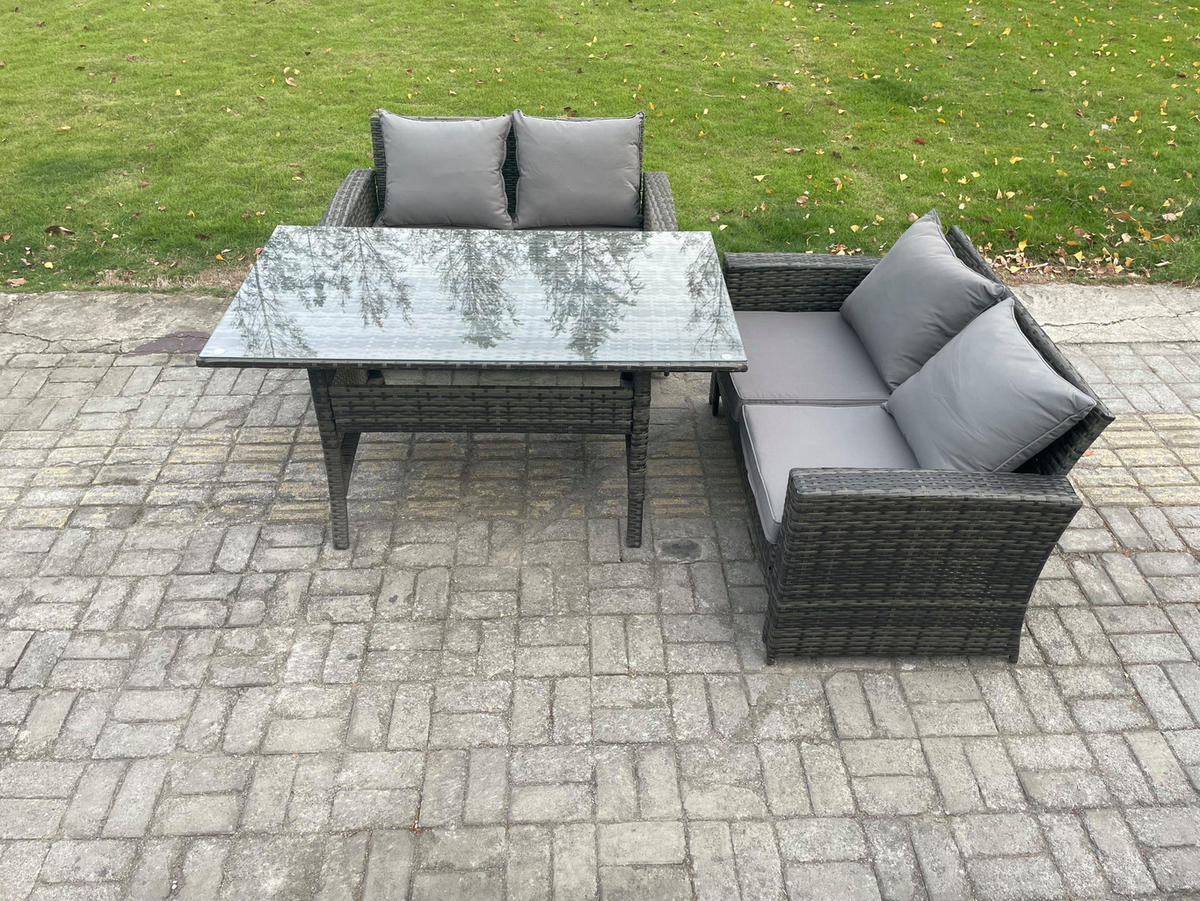 GARTENMÖBELSET mit 2-Sitzer Sofa,Esstisch Polyrattan Dunkelgrau 4-Sitzer - Dunkelgrau/Grau, Glas/Kunststoff - Fimous