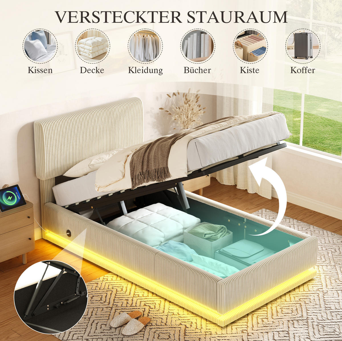 POLSTERBETT mit LED und USB-C 90x200 cm Cord Beige - Beige, Metall (90/200cm) - Meubliv