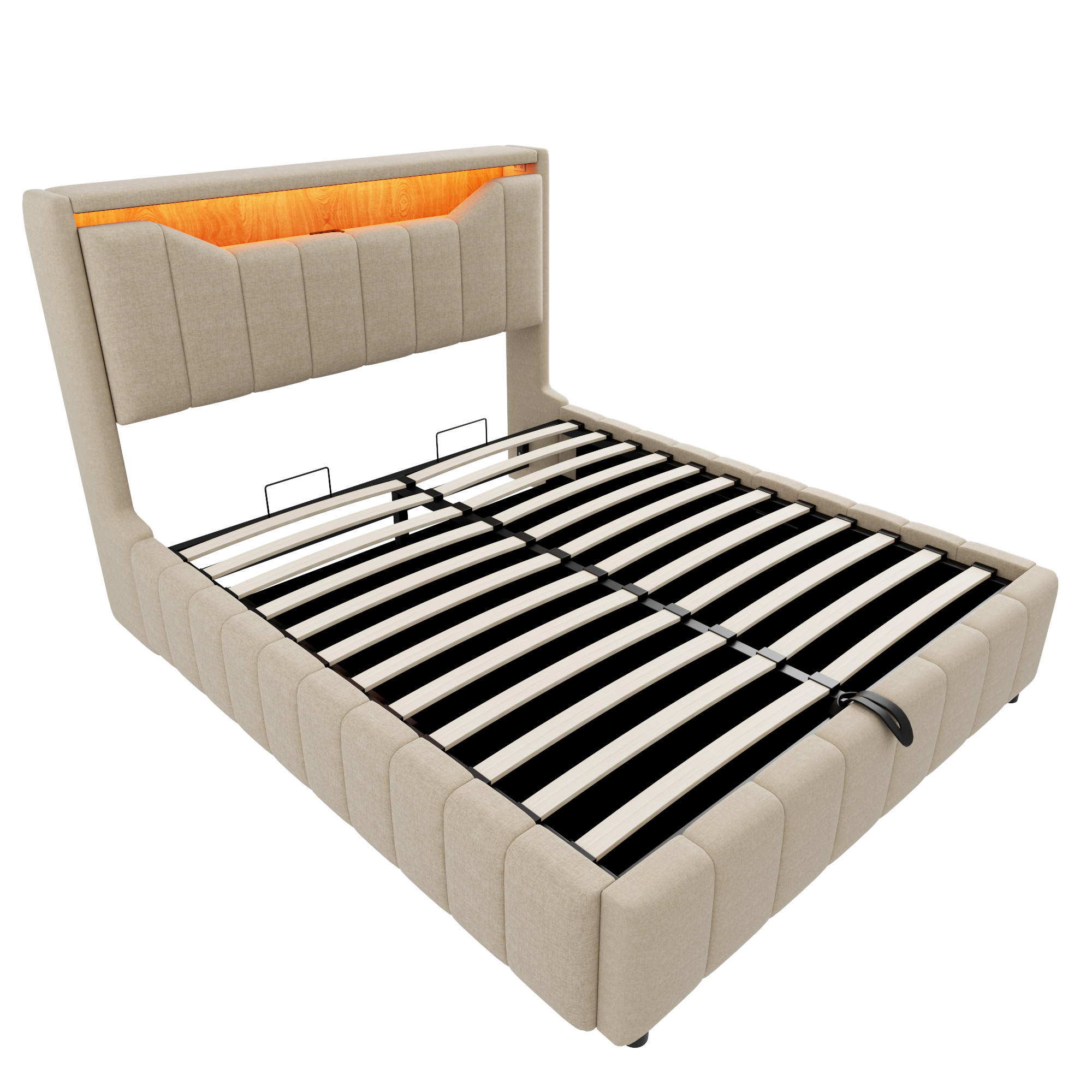STAURAUMBETT 140/200 cm mit Hydraulik und LED, DE-41942, in Beige - Beige, Metall (140/200cm) - ComfortXL