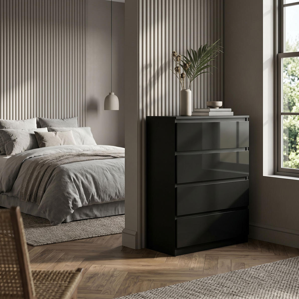 KOMMODE NUDO 70/102/39cm mit 4 Schubladen Türen Schwarz - Schwarz Hochglanz/Schwarz, Holzwerkstoff (70/102/39cm) - MASSENO