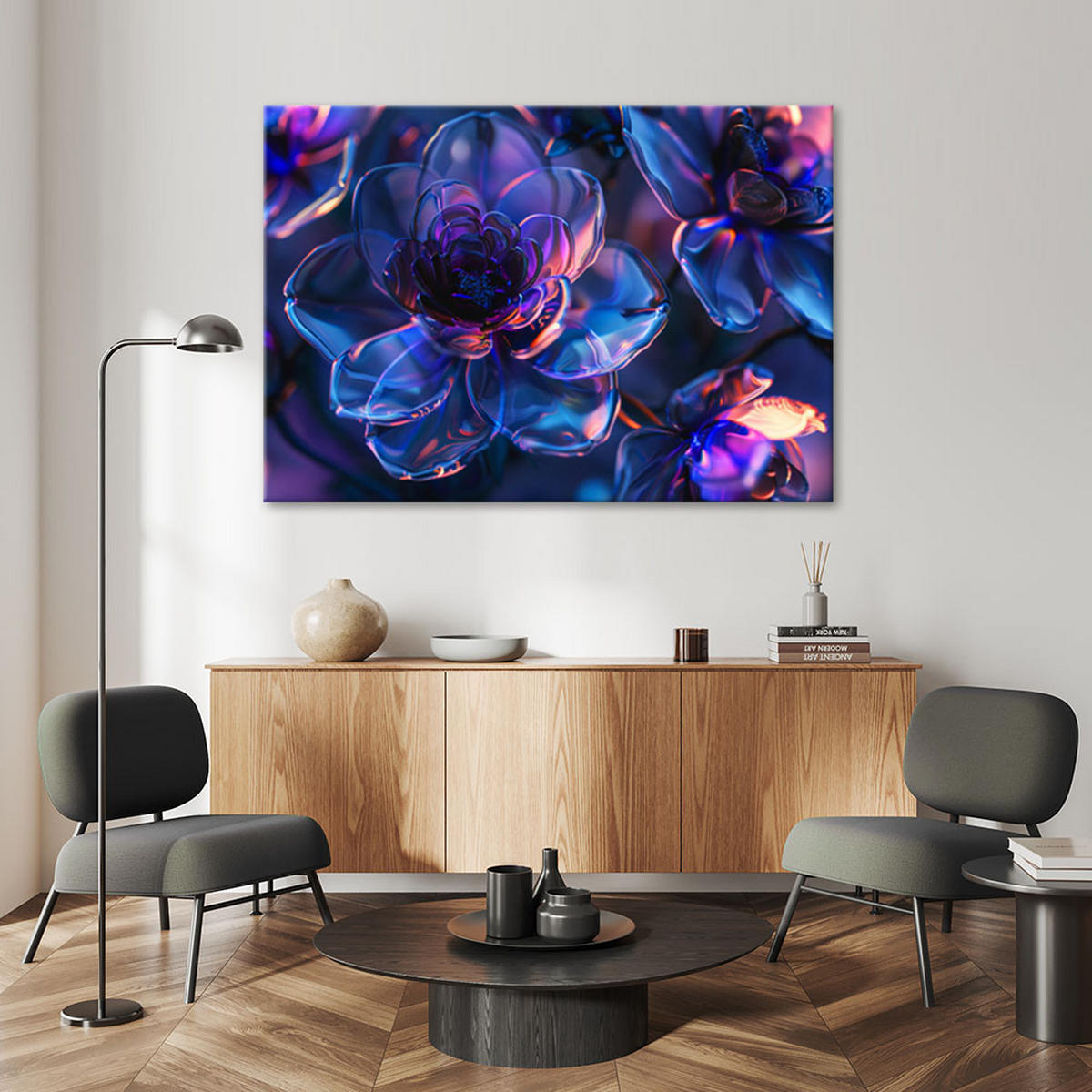 LEINWANDBILD Marineblaue Glasblumen - Tiefe 3D - Lila, Textil (100/70cm) - Feeby