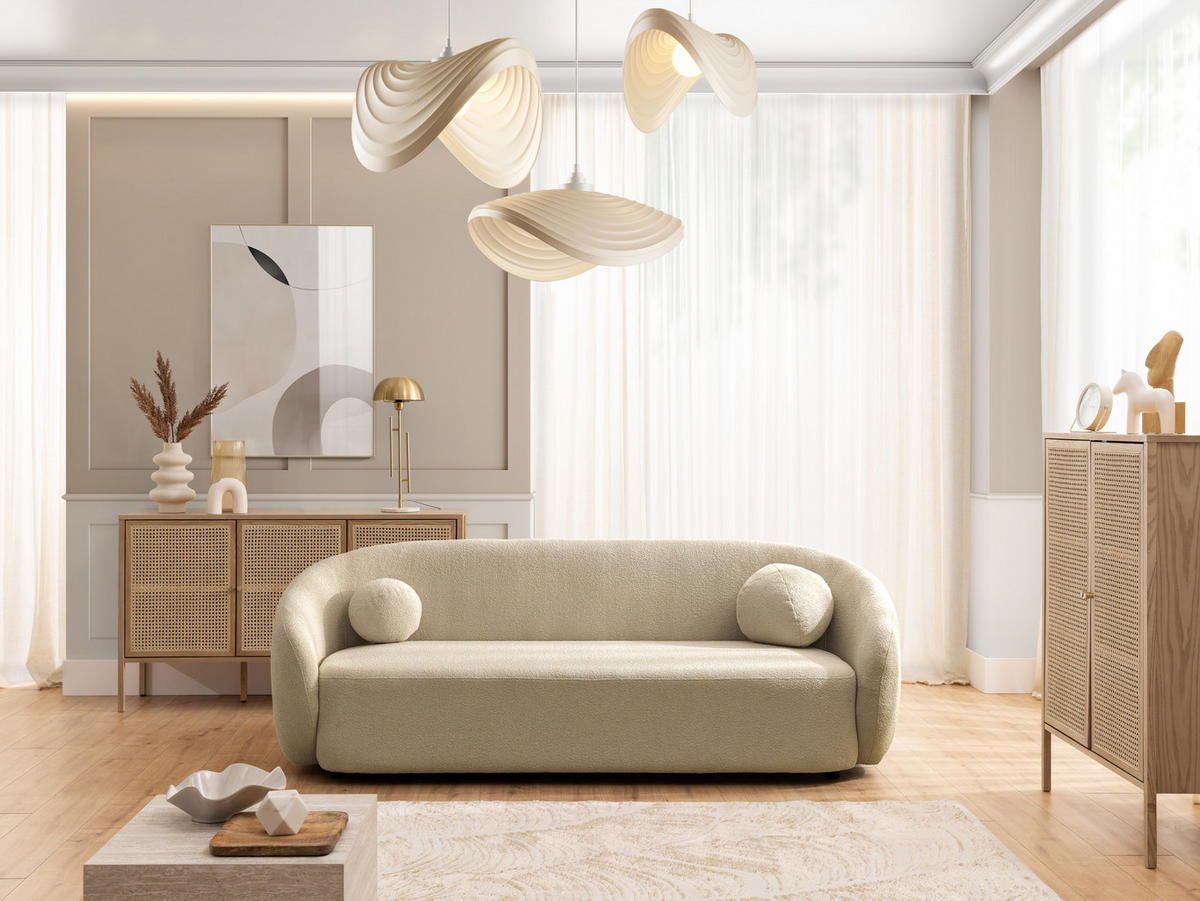 3-SITZER-SOFA Roundi Beige Bouclé - Beige/Schwarz, Holz/Kunststoff (208/76/80cm) - S-Style Möbel