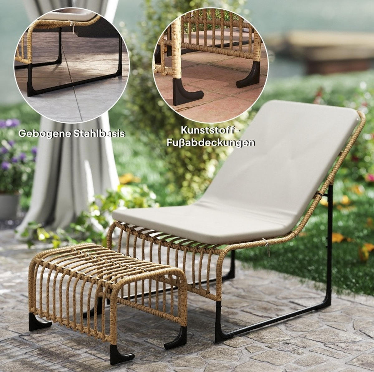 GARTENSESSEL-SET 65/93/80 cm mit Fußhocker, Kissen und UV-beständigem Rattan, Cremeweiß - Beige, Metall (65/80/96cm) - Redom