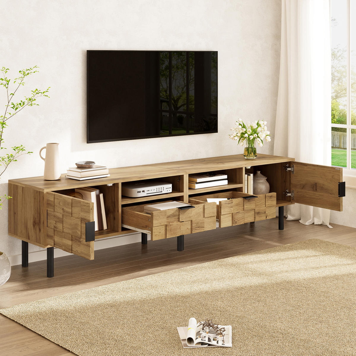 TV-LOWBOARD eiche-optik 160 cm mit 2 schubladen & 2 türen - Naturfarben, Holzwerkstoff (160/42.5/35cm) - Urban Meuble