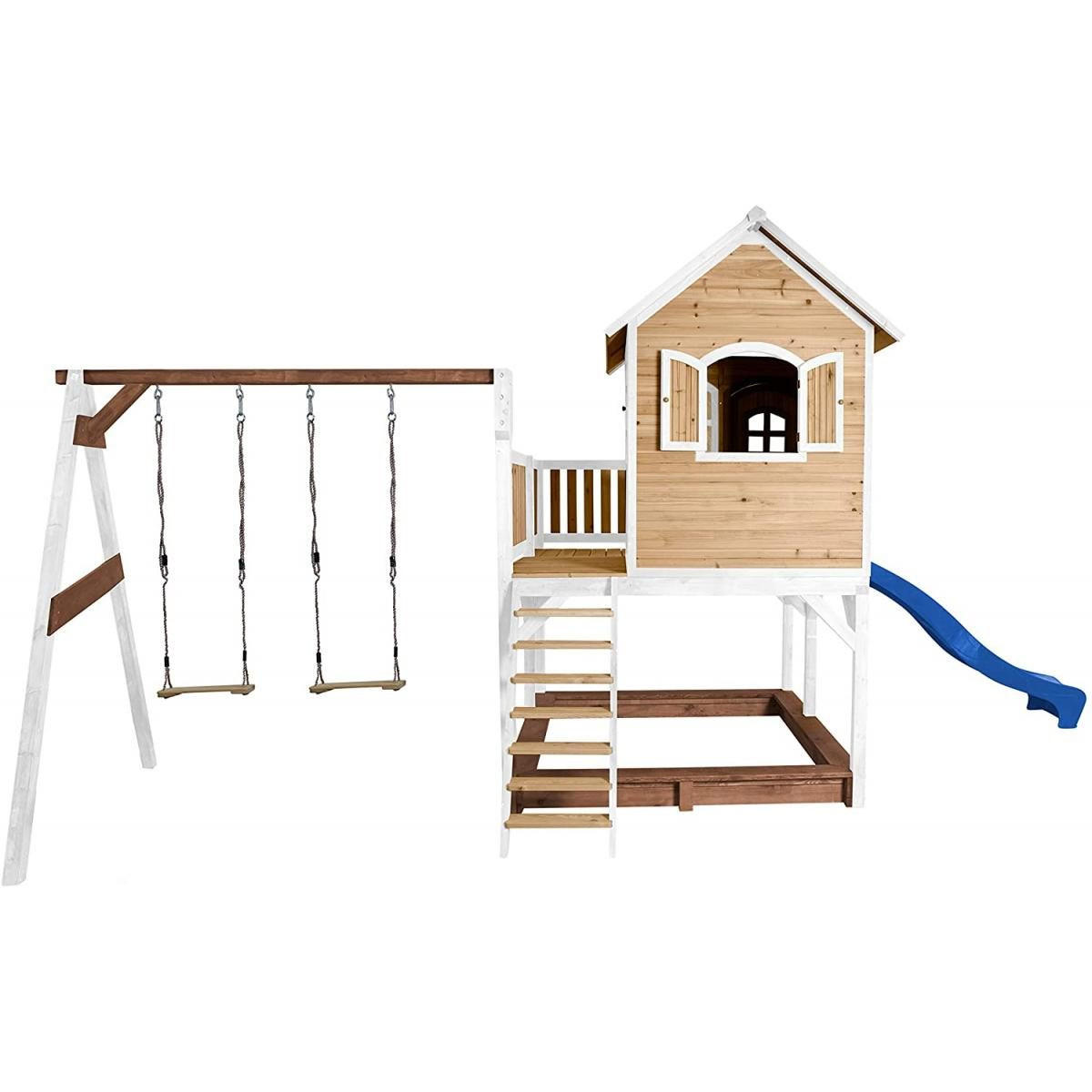 SPIELHAUS Maisonette Liam Brown White mit 2 Schaukeln und blauer Rutsche und Sandkasten - Weiß, Holz (613/291/277cm) - Axi House