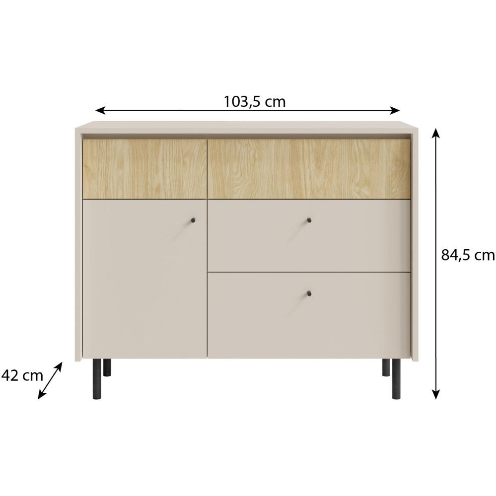 KOMMODE Monako mit 4 Schubalden und 1 Tür, Beige Sand - Eichefarben/Beige, Holzwerkstoff/Metall (103/84/42cm) - Beautysofa