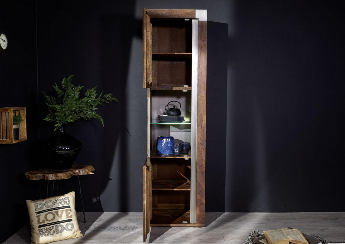 VITRINE Mango 55x45x204 braun lackiert Amsterdam #20 - Braun, Holz (55/204/45cm) - Massivmoebel24