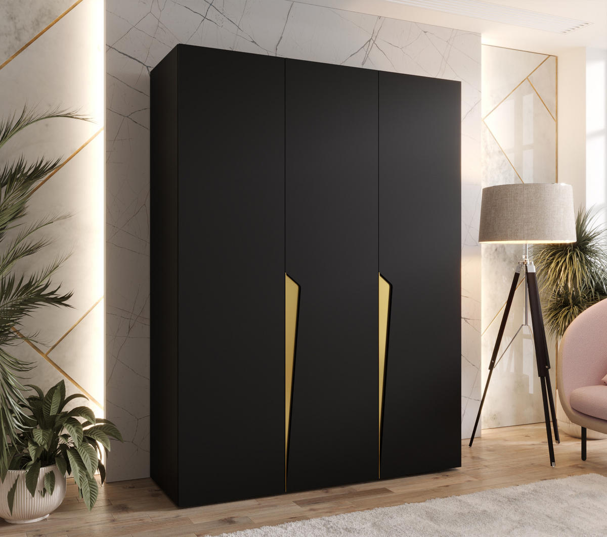 DREHTÜRENSCHRANK 202/150/52 3-türig - Goldfarben/Schwarz, Holz/Metall (150/202/52cm) - Abiks Möbel