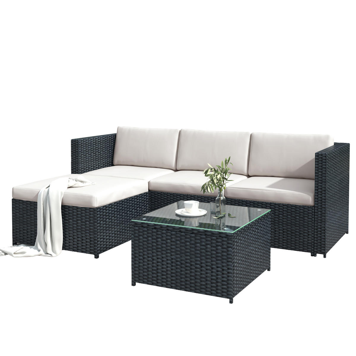 LOUNGESET Schwarz Poly Rattan Mit Sitzkissen & Glastisch - Schwarz, Metall - FLIEKS