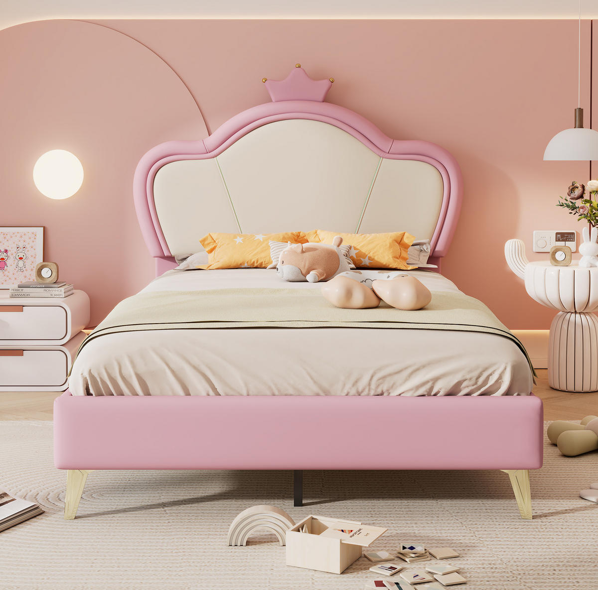 KINDERBETT 90/200 cm aus PU mit gepolstertem Kronen-Kopfteil und weichen Schutzkanten, Rosa/Weiß - Weiß, Kunststoff (90/200cm) - Redom