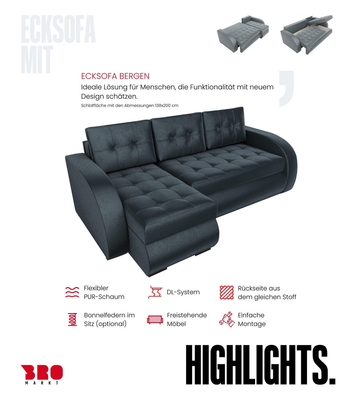 ECKSOFA Bergen mit Schlaffunktion Graphit Samtstoff - Graphitfarben, Textil (238/141cm) - Bromarkt
