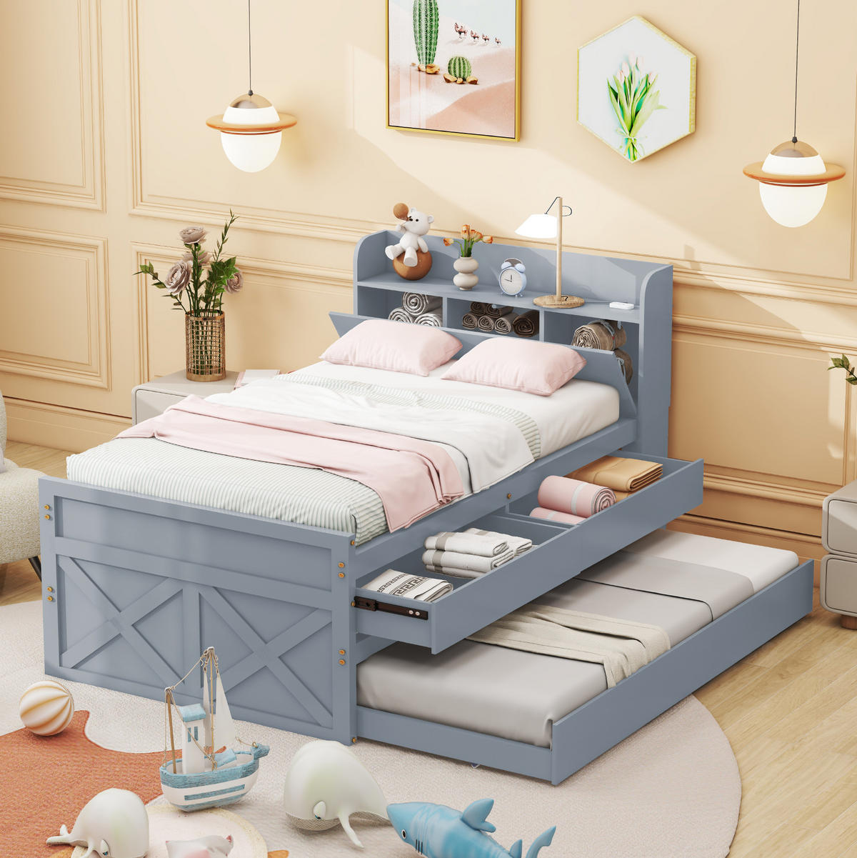 EINZELBETT aus 90x190 cm Grau mit USB-Anschluss, Nachttisch, Ausziehbett und 2 Schubladen - Grau, Holzwerkstoff (90/200cm) - Modfu