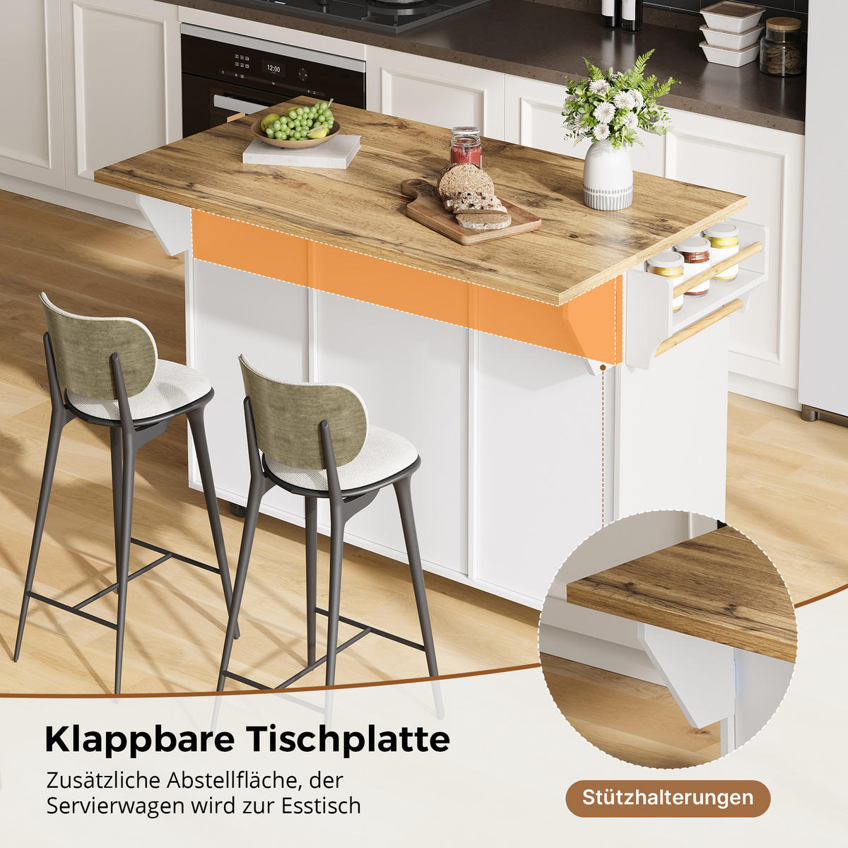 KÜCHENINSEL auf Rollen 120/45/90 cm Weiß mit klappbarer Arbeitsplatte, 1 Schublade und 3-stufigem Türregal - Silberfarben/Weiß, Holz/Holzwerkstoff (70/90/120cm) - Oxeza
