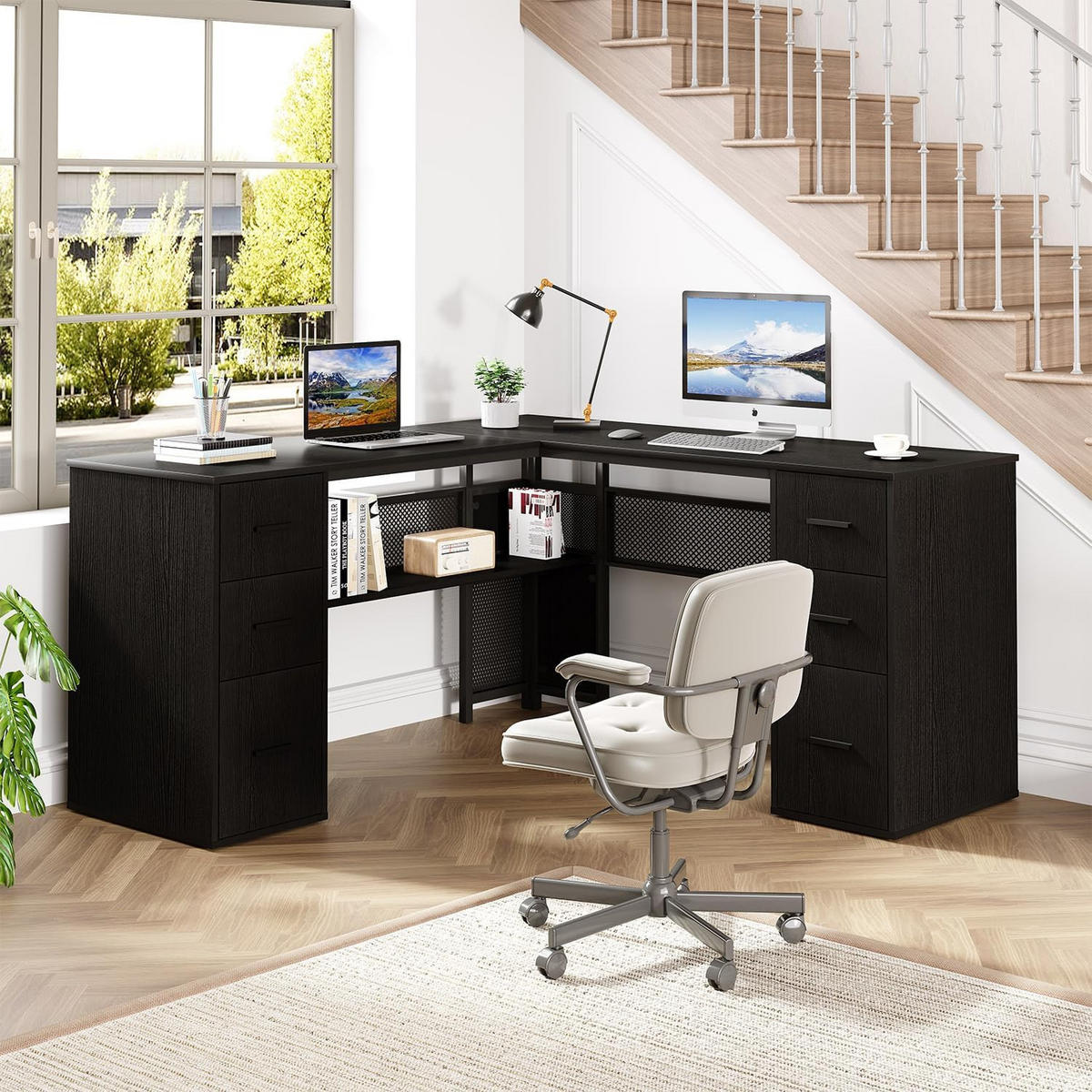 SCHREIBTISCH L-FORM mit Schubladen Eckschreibtisch 150 x 150 cm - Schwarz, Holzwerkstoff/Metall (150/150/76.2cm) - Quality Elegance