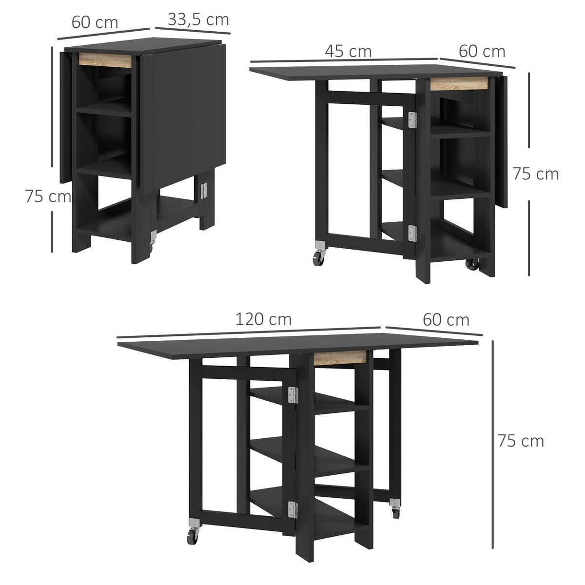 KLAPPTISCH DE-16516 2 Abattants, 3 Etagen, Rollen Schwarz - Schwarz, Holzwerkstoff (120/60/75cm) - ComfortXL
