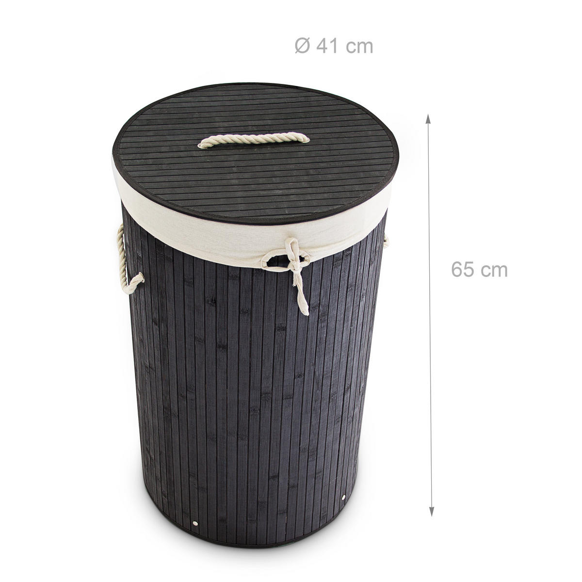 KOŠ ZA PERILO črna bambus okrogel s pokrovom zložljiv 70 l - črna, tekstil/les (41/65/41cm) - Relaxdays