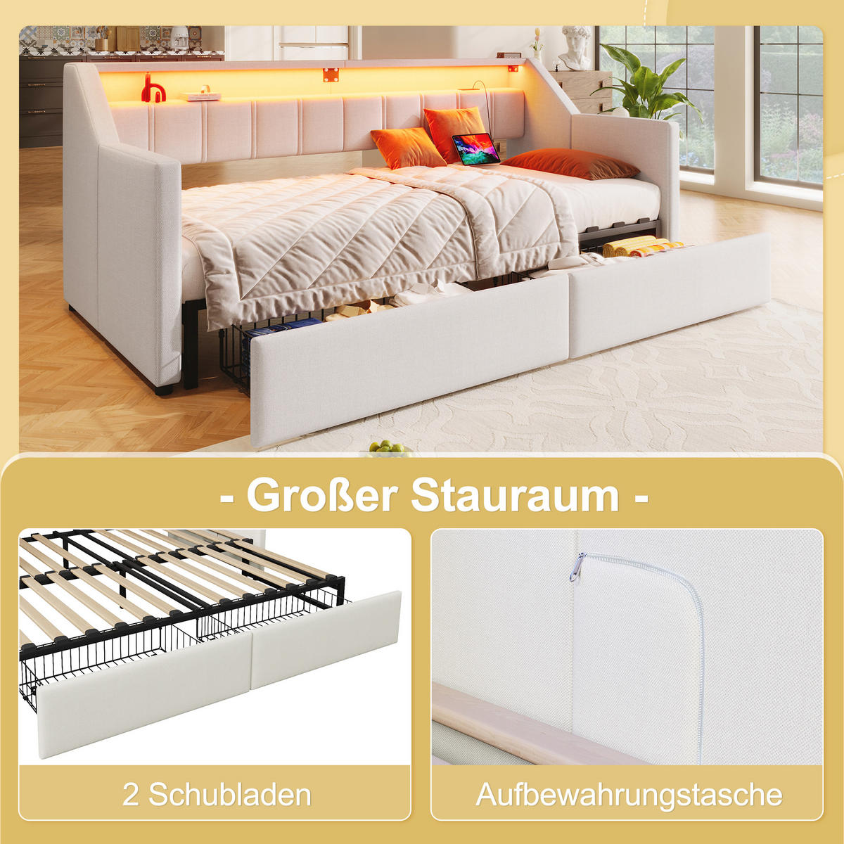 TAGEBETT 90x200cm Beige USB-C LED-Leiste 2 Schubladen Ausziehbett - Beige, Holz (90/200cm) - FLIEKS