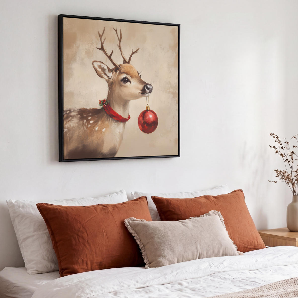 LEINWAND Bilder mit Rahmen - Weihnachten - Hirsch - Geweih - Weihnachtskugel - Rentier - 50x50 - Hellbraun, Textil (50/50cm) - MuchoWow