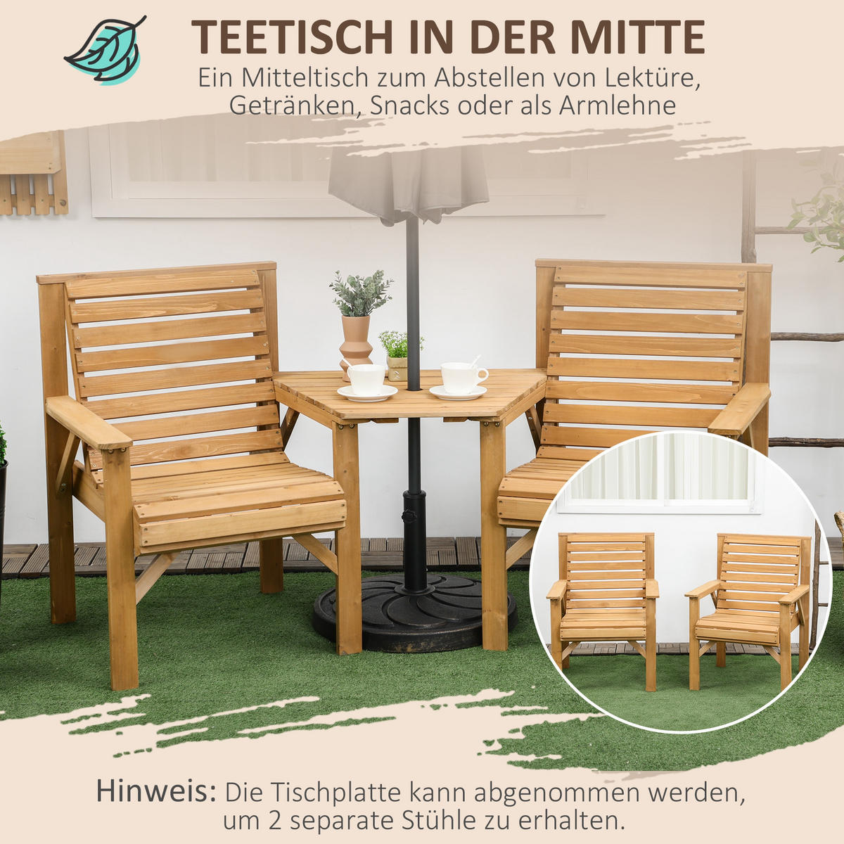 BISTRO-SET DE-07338 aus Holz mit Lamellendesign und Sonnenschirmloch Braun - Braun, Holz - ComfortXL