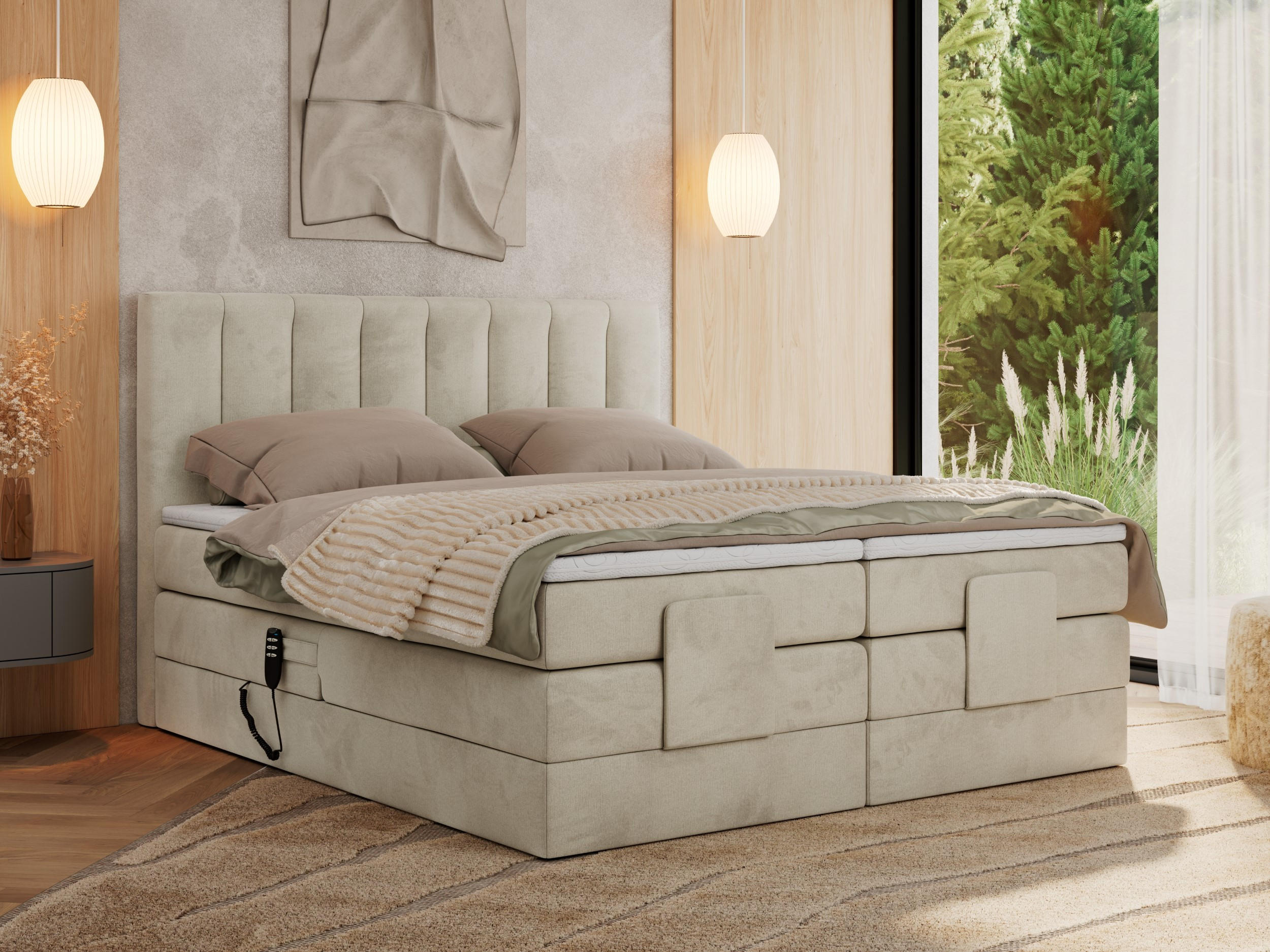 BOXBETT COMFORTO 140/200 - Beige Velvet - H3 - Beige, Holz/Textil (140/200cm) - MKS