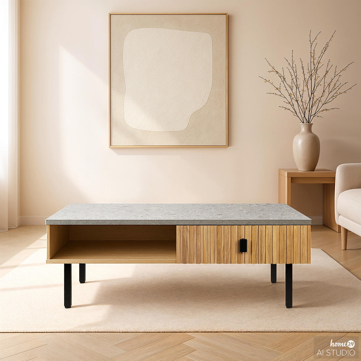COUCHTISCH - Echtholzfurnier - Terazzo Dekor - Eichefarben/Schwarz, Holzwerkstoff/Metall (40/120/60cm) - home24
