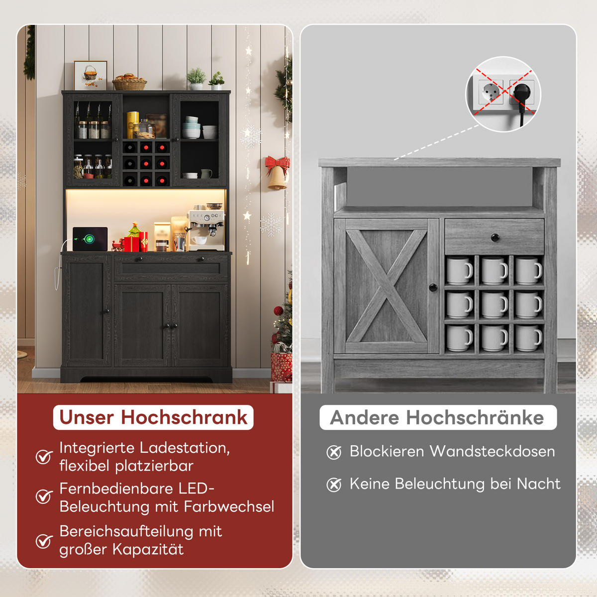 BUFFETSCHRANK aus MDF 40x105x180 cm Schwarz mit LED-Beleuchtung, Steckdosenleiste, Weinregal und verstellbaren Einlegeböden - Schwarz, Holzwerkstoff (105/180/40cm) - Modfu