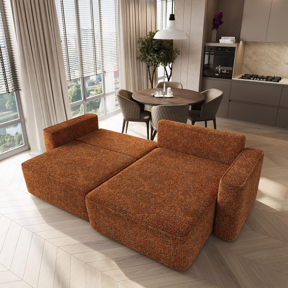 ROHOVÁ Sedačka BELISE BELLA 40, Cihlová - šedá/terakotová, dřevo/textil (252/162cm) - MASSENO