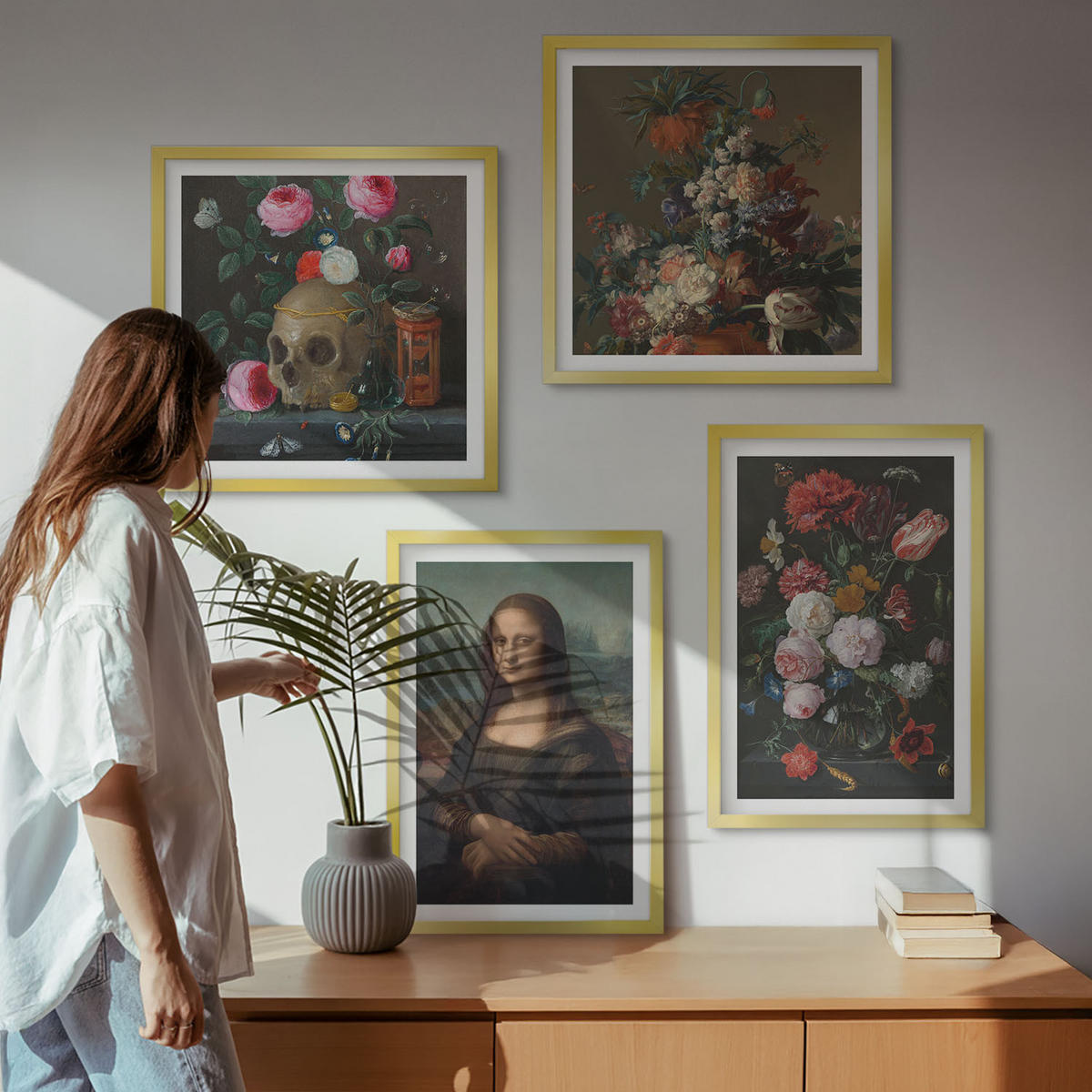 BILDER SET 4er Set - 50x50 cm & 40x60 cm Goldrahmen - Vintage Blumen Totenkopf Mona Lisa - Goldfarben, Kunststoff (50/50cm) - TULUP