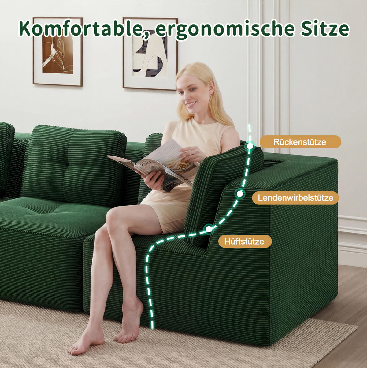 ECKSOFA 206/206/69 cm grün aus Cord mit modularem Design und rutschfestem Standfuß - Grün, Textil (206/206cm) - OKWISH