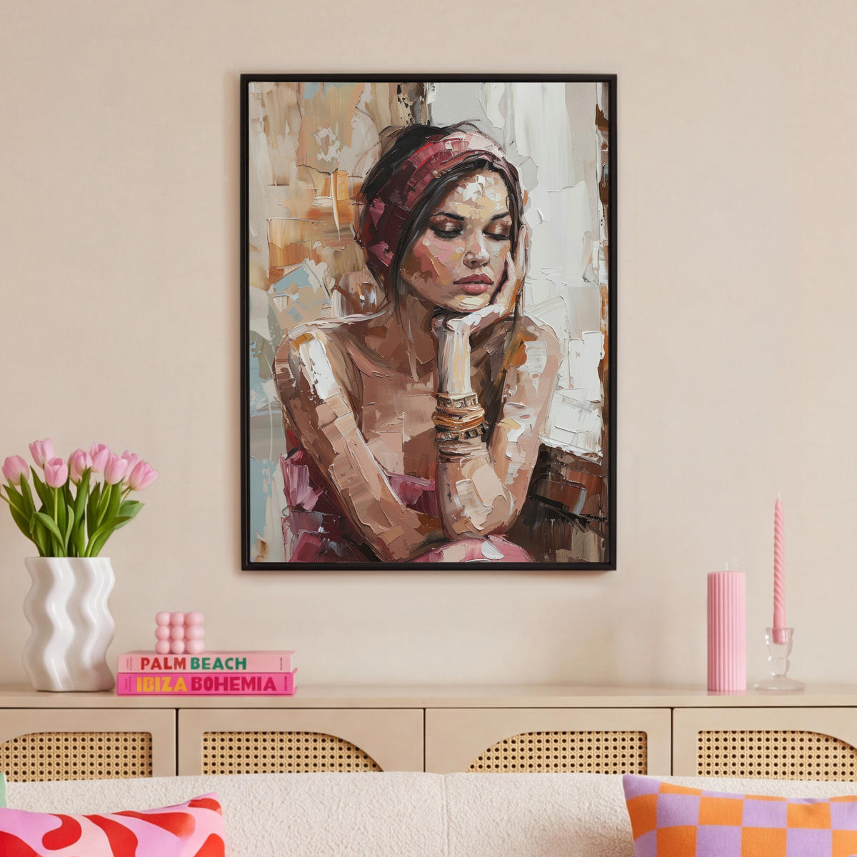 LEINWAND Bilder mit Rahmen - Frau - Lackierung - Porträt - Modern - 70x100 - Altrosa, Textil (70/100cm) - MuchoWow