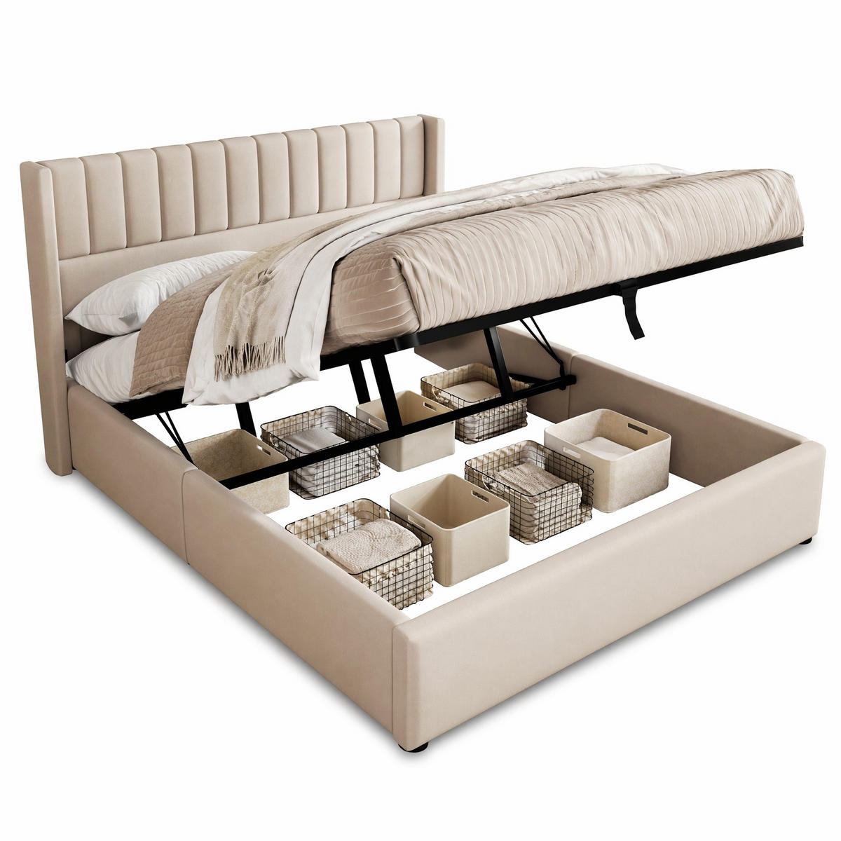 POLSTERBETT 180/200 cm in Beige mit Bettkasten und gepolstertem Kopfteil Leinenbezug - Beige, Holzwerkstoff/Textil (180/200cm) - CHICFURN