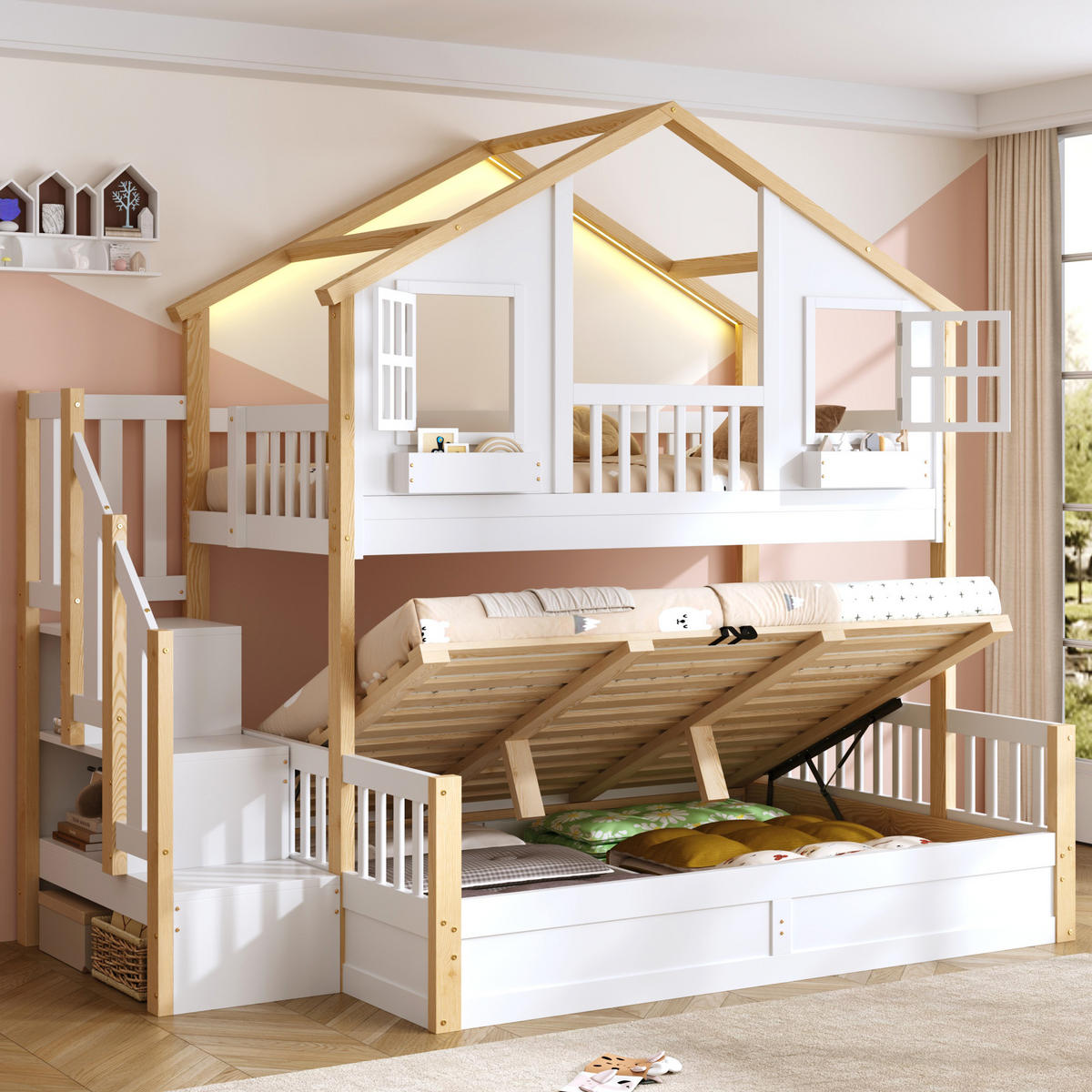 ETAGENBETT 90/200 cm und 140/200 cm Weiß + Naturholz mit LED-Beleuchtung, Treppe mit Stauraum und hydraulischen Staufächern - Weiß, Holz (90/200cm) - Oxeza