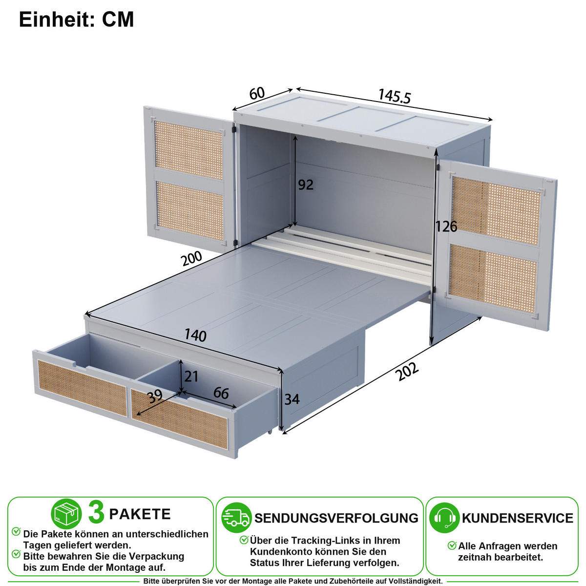 SCHRANKBETT 140/200 cm in Grau mit Lattenrost, Schubladen und Rattan-Design - Grau, Holz/Holzwerkstoff (140/200cm) - CHICFURN