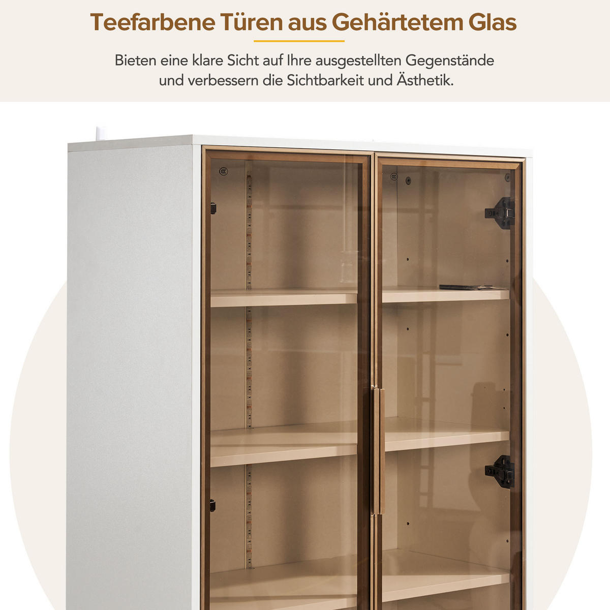 VITRINE, 2 Türen, LED-Licht, Goldbeine, Glas, 70x35x150cm - Weiß, Holzwerkstoff (35/150/70cm) - FLIEKS