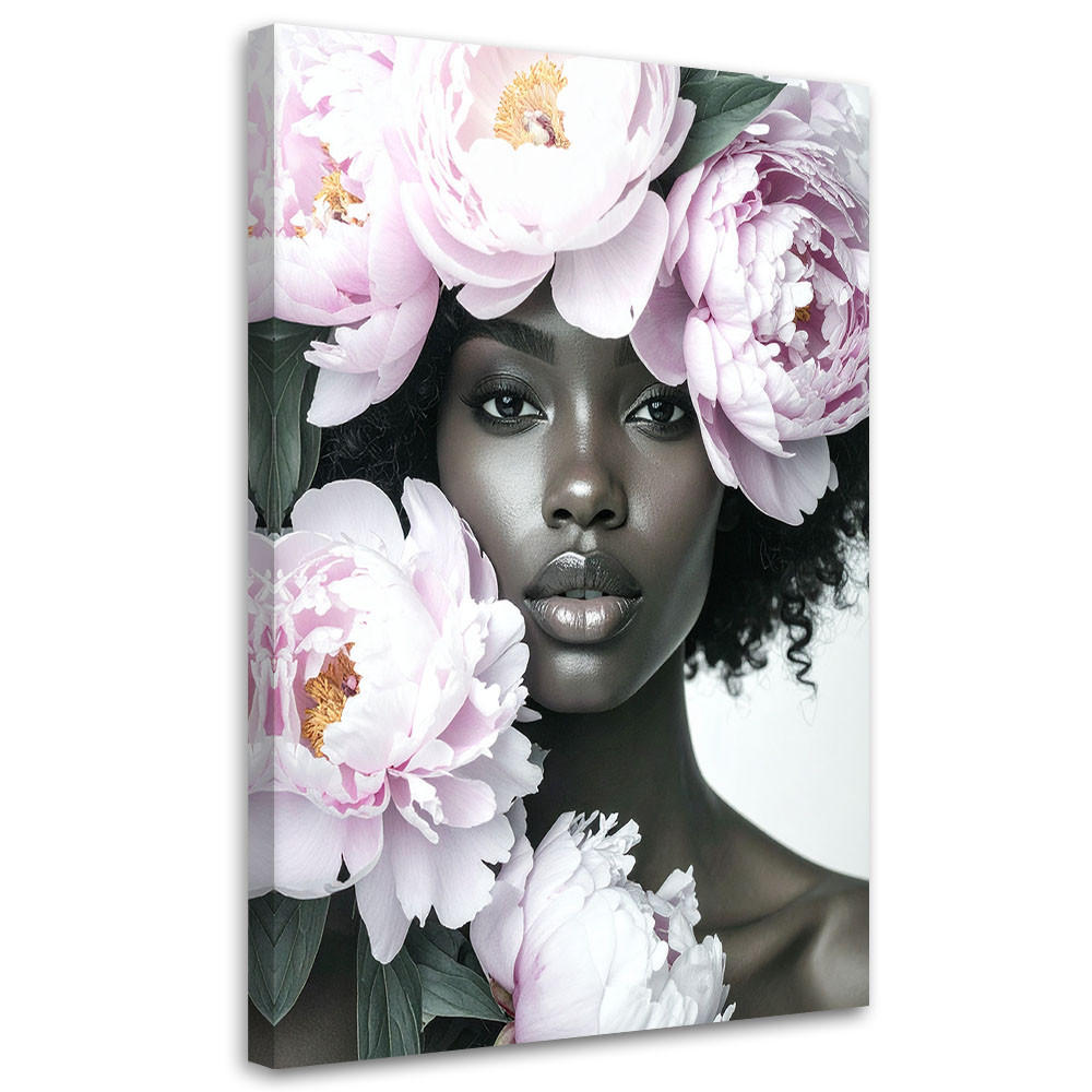 LEINWANDBILD Frau mit Pfingstrosenblüten auf dem Kopf 70x100cm - Grau, Textil (70/100cm) - Feeby