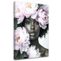 LEINWANDBILD Frau mit Pfingstrosenblüten auf dem Kopf 70x100cm - Grau, Textil (70/100cm) - Feeby