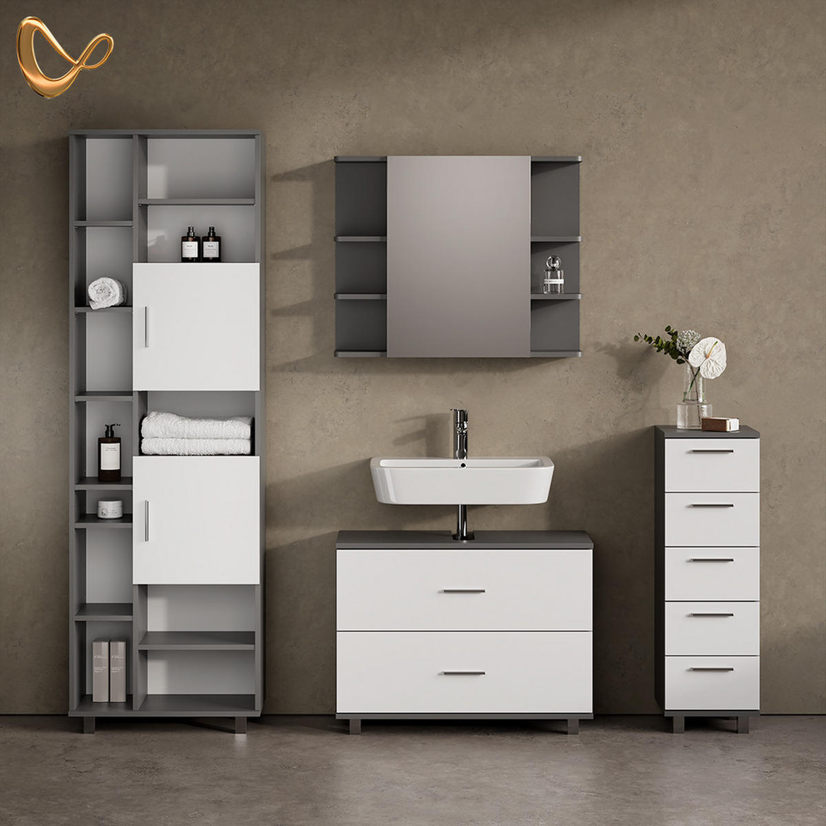 BADMÖBEL-SET Eisak Weiß/Anthrazit 4 Teile, mit Hochschrank - Anthrazit/Weiß, Holzwerkstoff (80/60/33cm) - Livinity®