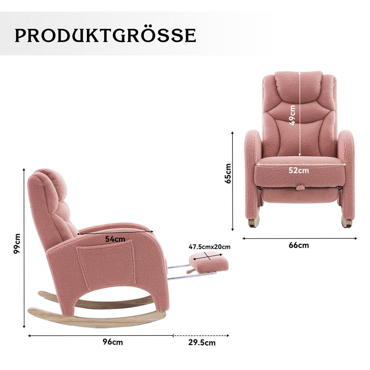 SCHAUKELSTUHL Rosa Teddy mit Klappbare Pedale - Rosa, Textil (125/101/66cm) - Oxeza