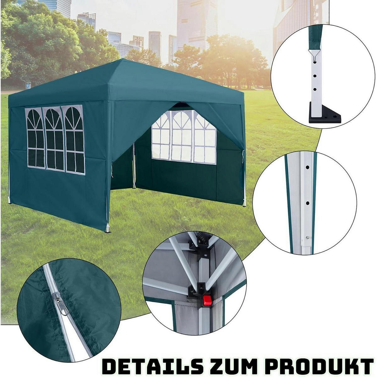 FALTPAVILLON 3 x 3 m mit 4 Seitenteilen und Fenstern Grün - Petrol, Textil (300/260/300cm)