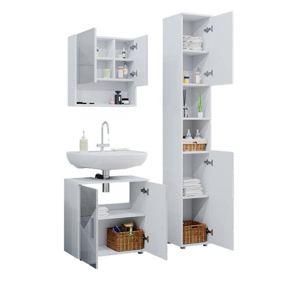 BADMÖBEL-SET Irma Weiß 3 Teile, mit Hochschrank - Weiß Hochglanz/Weiß, Holzwerkstoff (80/58.6/41cm) - Vicco