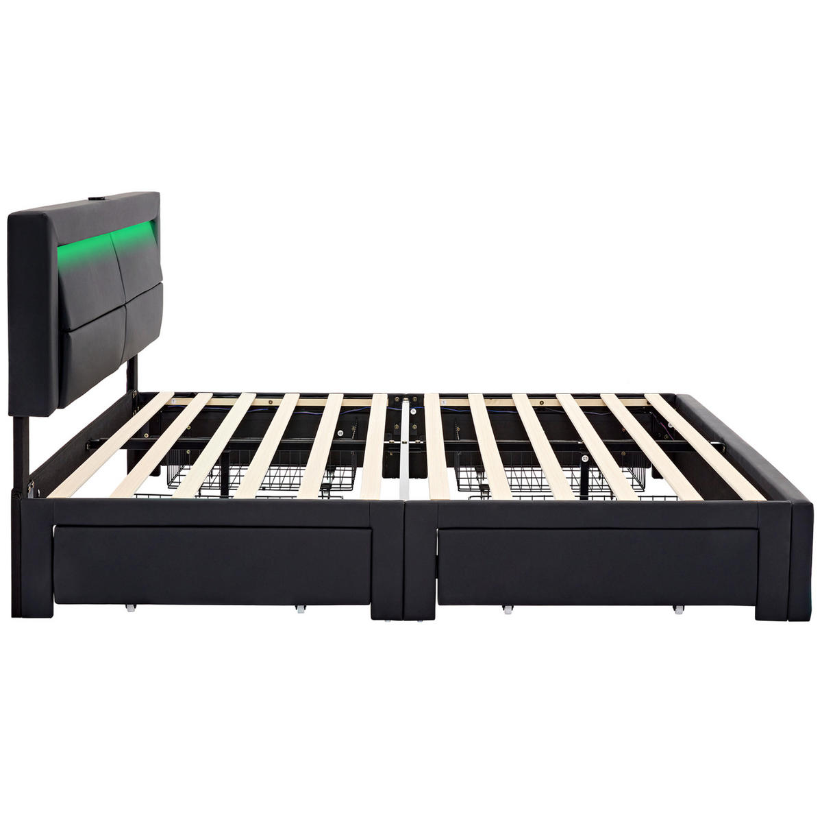 POLSTERBETT 140/200 cm mit LED, USB-Ladeanschluss & 4 Schubladen, PU Schwarz - Schwarz, Kunststoff (140/200cm) - Redom